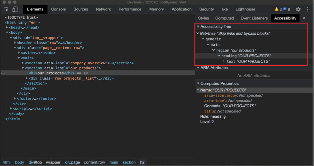 Chrome devtools, accessibility tree view
