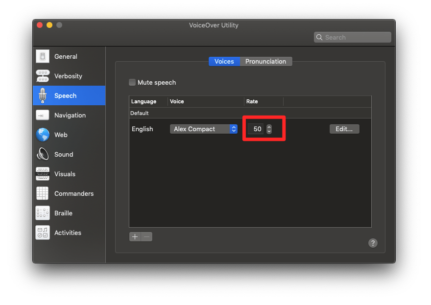 VoiceOver settings, speach, set speech rate.
