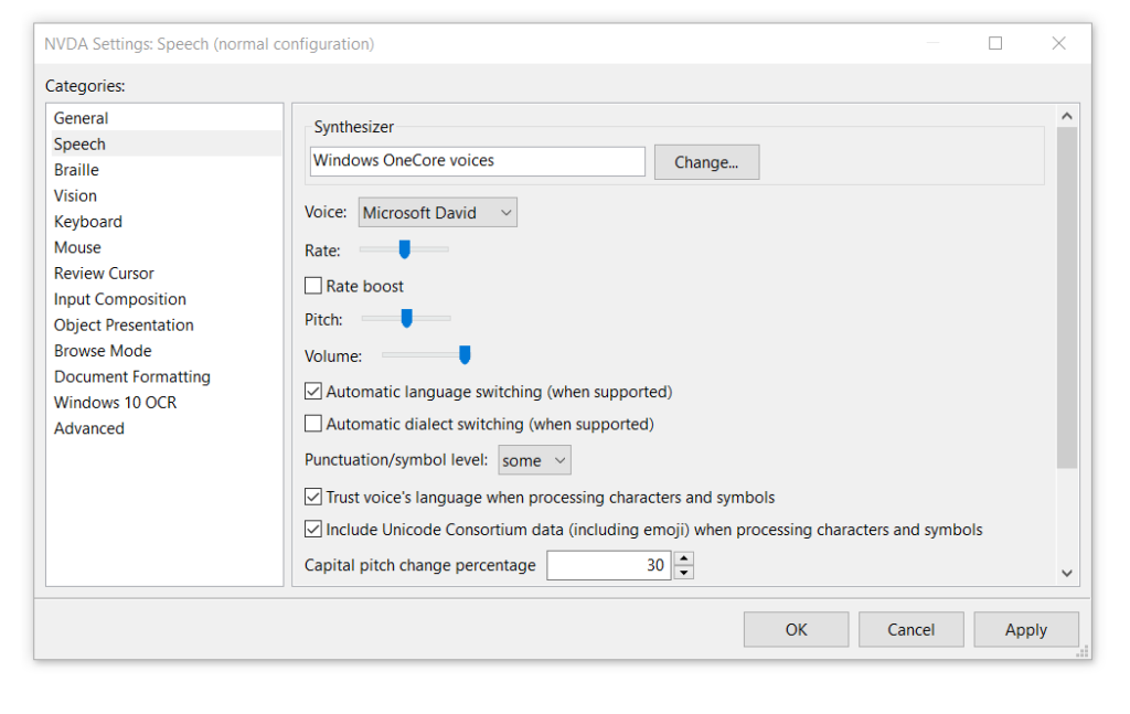 NVDA settings window, showing the speech category for screen readers