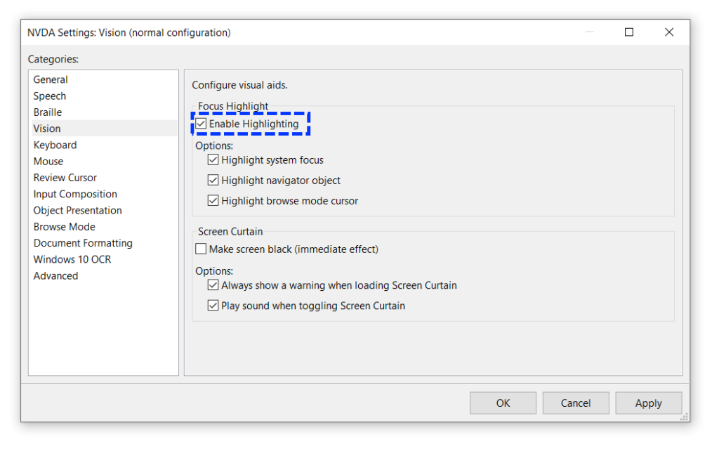 NVDA settings window, showing the vision category for screen readers