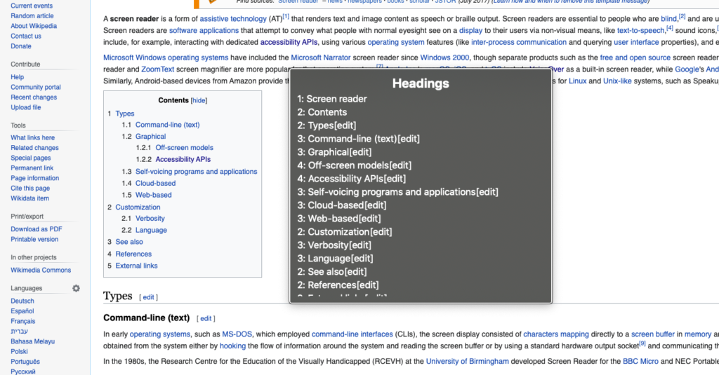 VoiceOver rotor, headings list on a Wikipedia page.
