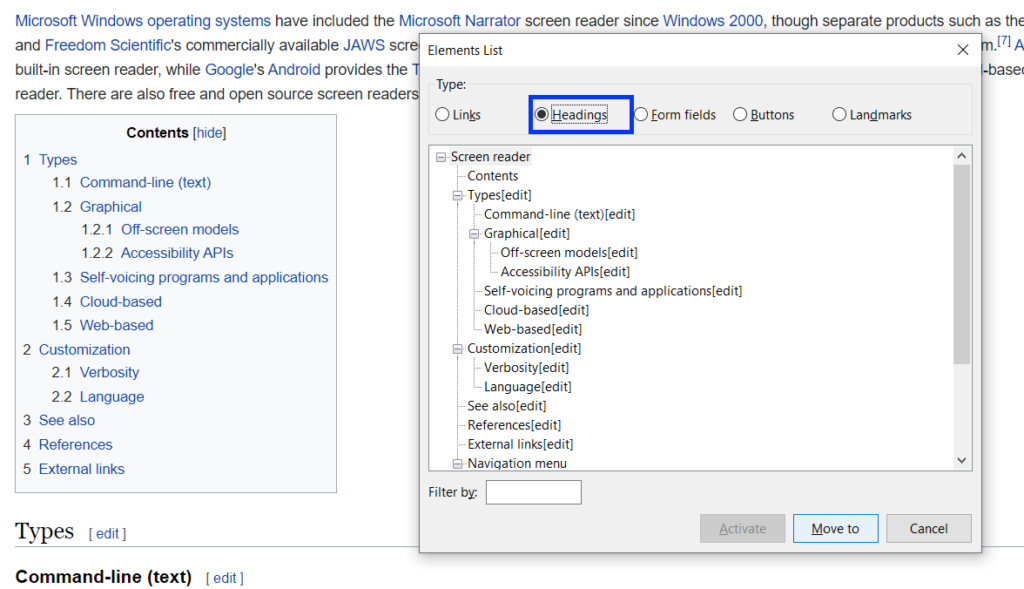 NVDA's elements list window, links list, on a Wikipedia page, useful to know when developing for screen readers