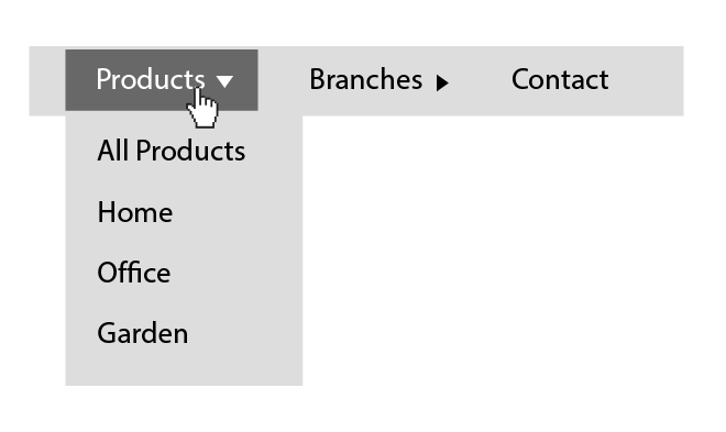 Navigation menu with three items. A mouse pointer is hovering the first menu item and expanding its submenu.
