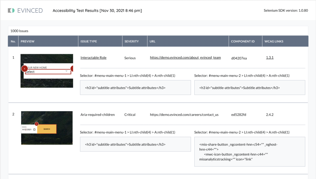 An example of Evinced accessibility reports with CI integration with Jenkins