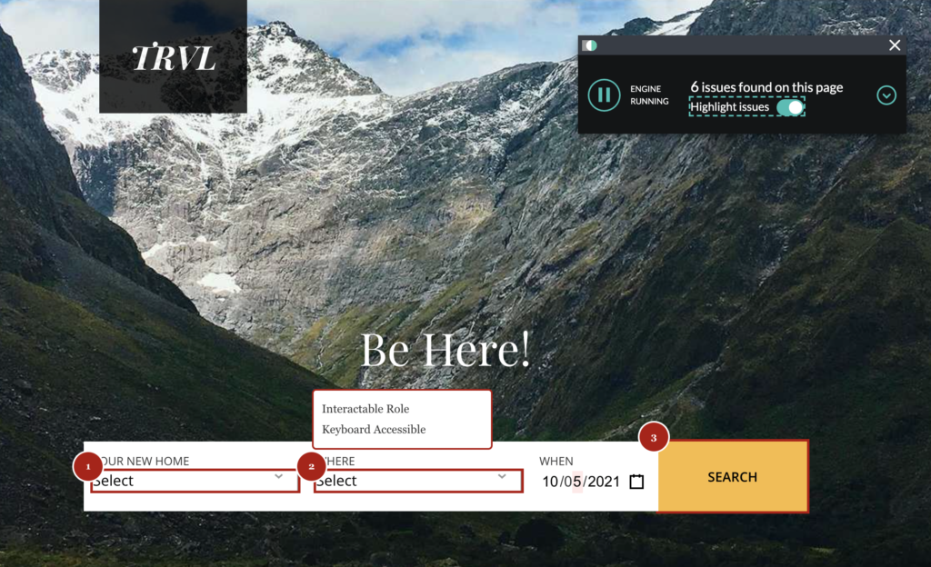 A home page of an example tourism website after starting the Evinced Flow Analyzer for Web. On the bottom of the screen there is a form with a few elements marked by a red frame and a number that represents the issue ID. above one of the form fields there is a tooltip with 2 issue names “Interactable Role” and “Keyboard Accessible”. On the top right of the screen the Evinced Flow Analyzer for Web is showing a total of 6 issues that were found on the page.