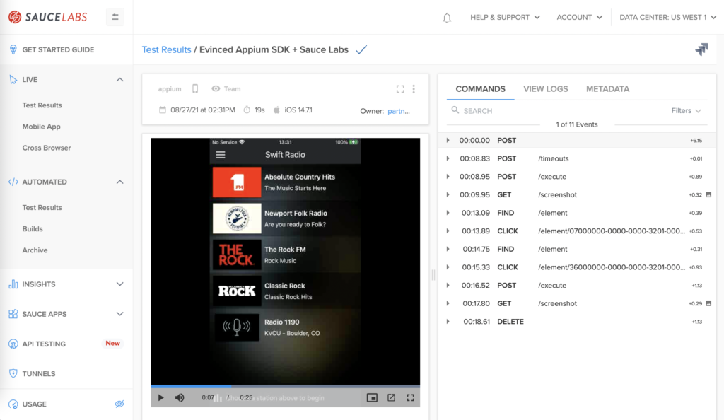 The Sauce Labs dashboard showing the Swift Radio app displayed on an iOS device. Commands, Logs, Metadata, options available.