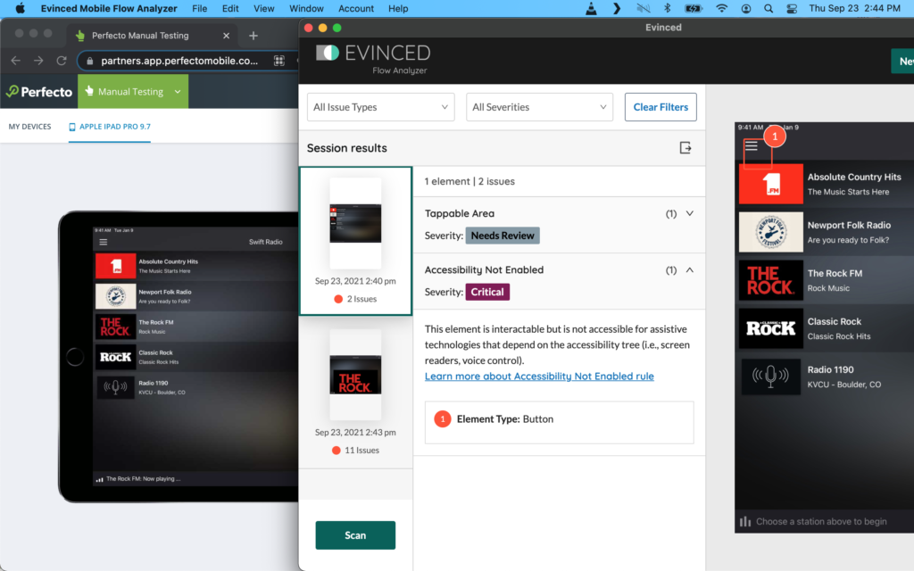 The Perfecto UI and the Evinced desktop client showing an accessibility scan from an app launched on the Perfecto device. There is a Tappable Area violation and Accessibility Not Enabled violation.