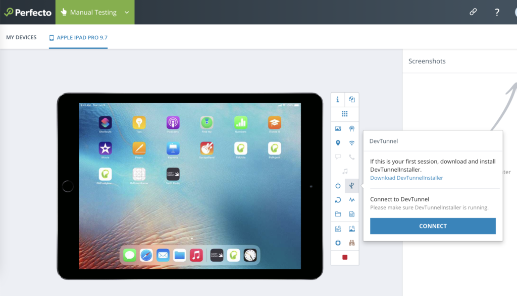 Perfecto's cloud based continuous testing platform. Here we have the Perfecto UI with an iPad open for manual testing. The DevTunnel menu is open with options to download the DevTunnelInstaller or Connect.