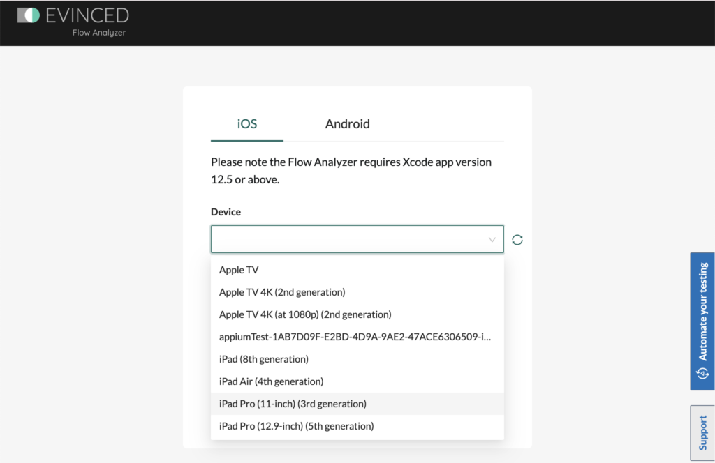 The Evinced Flow Analyzer for Mobile iOS connection page with the device selection dropdown showing a list of iOS devices and simulators.
