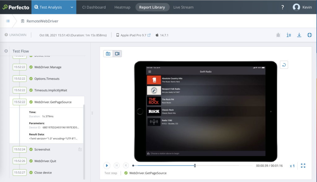 How to detect mobile accessibility issues, an example. An iPad within the Perfecto UI with the Swift Radio application launched. The left side contains a list of commands executed during the test.