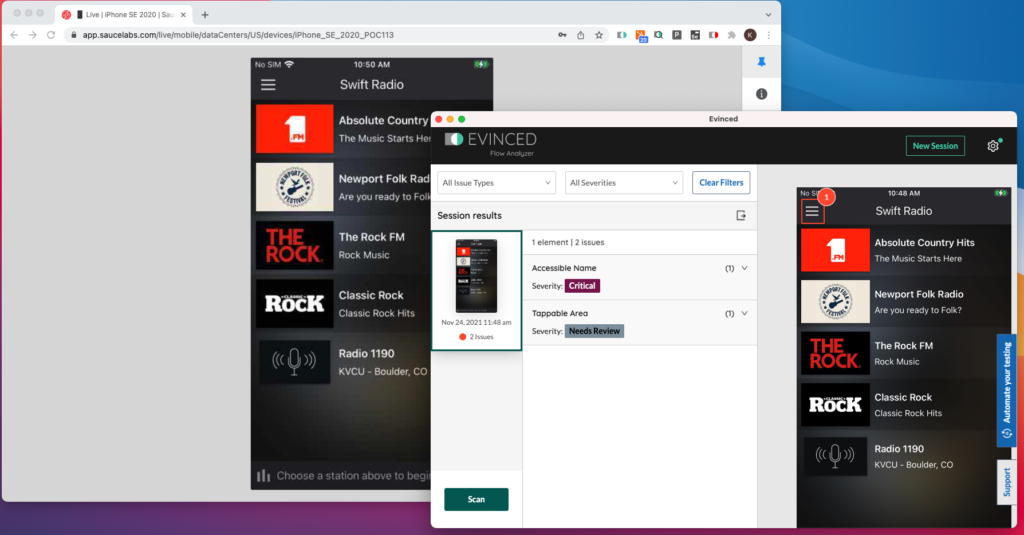 The Sauce Labs website showing a device with the Swift Radio application open. The Evinced Flow Analyzer for mobile is also open showing a scan of the same device.