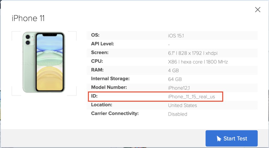 The device details page from the Sauce Labs website with the device ID highlighted.