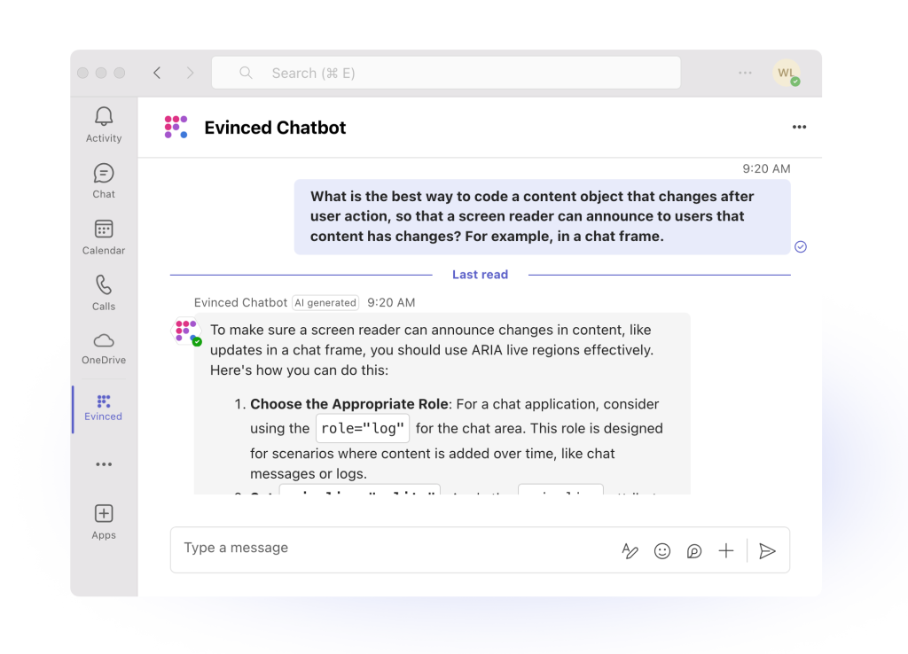 Chatbot answers a question inside a Microsoft Teams window.