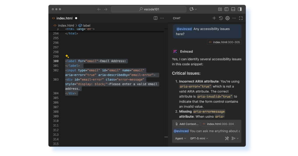 Evinced Chatbot running in VS Code