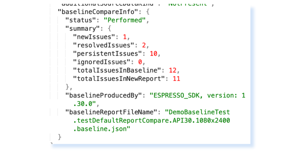 A JSON report from Automation SDK for Mobile showing comparison information